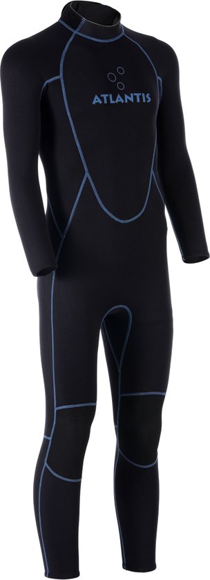 Zwarte herenwetsuit met blauwe stiksels en Atlantis logo op de borst.