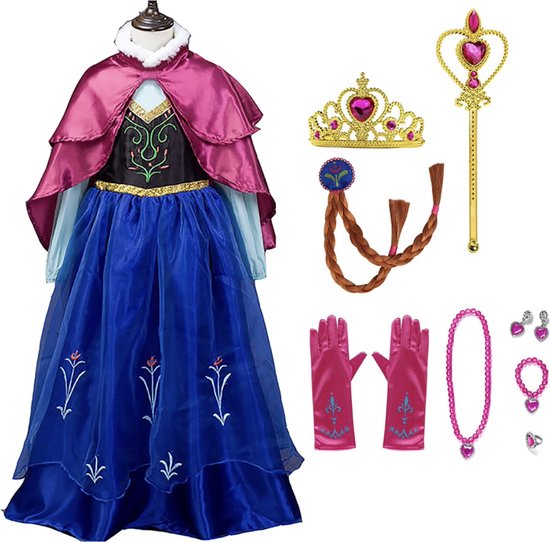 Prinsessenjurk meisje + Kroon + Vlecht + Toverstaf + Handschoenen + Juwelen- Verkleedjurk - Prinsessen speelgoed - Het Betere Merk - maat 134/140 (140)- Roze cape
