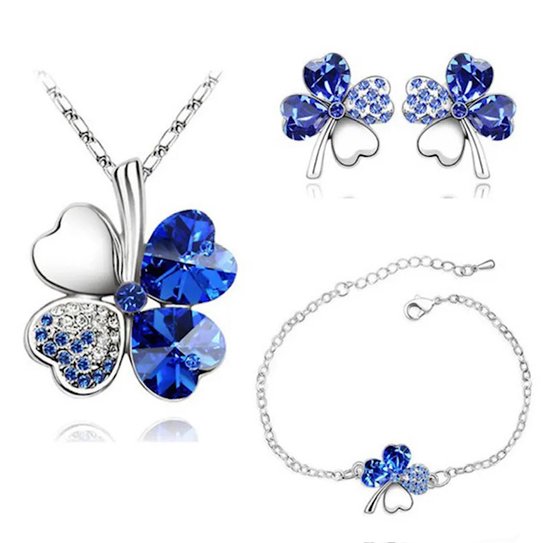 Set de Diamond trèfle Soraro | 7 couleurs | Zircone | Bleu | Femmes | Chaîne | Bracelet | Boucle d'oreille | Bel emballage cadeau | Fête des mères | Cadeau de fête des mères