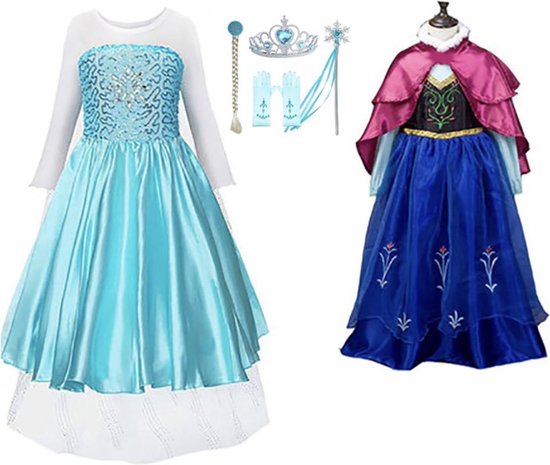 Het Betere Merk - 6-pack - Prinsessenjurk meisje - 2 x Blauwe jurk - Carnavalskleding kinderen - Prinsessen Verkleedkleding - 128/134 (140) - Cadeau meisje - Prinsessen speelgoed - Verjaardag meisje - Kleed