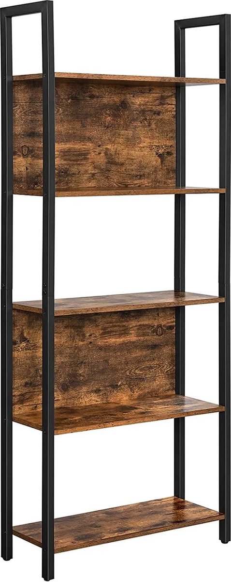 FurnStar - Boekenkast - Opbergplank - Keukenkast - 5 Niveaus - Stabiel Stalen Frame - Voor Kantoor, Entree, Woonkamer - Industriële Stijl - Rustiek Bruin en Zwart - 62 x 24 x 165 cm