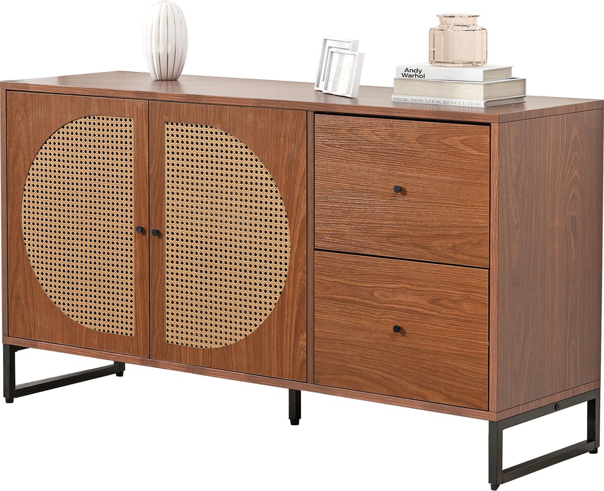 Merax Sideboard Houten Commode Kast - Dressoir met Rattan Deuren - Bruin