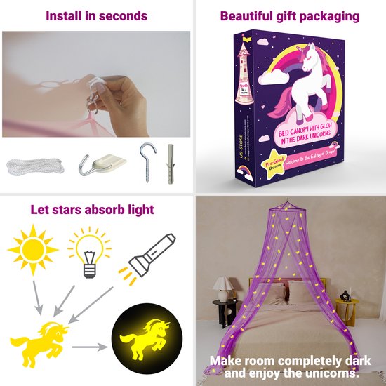 Paarse Klamboe met Glow in the Dark Eenhoorns - Paars Hemelbed voor Kinderkamer of Volwassenen - Eenhoorn Sluier, Hemeltje en Bedtent - Baby Muggennet Bedhemel Decoratie — afbeelding 2