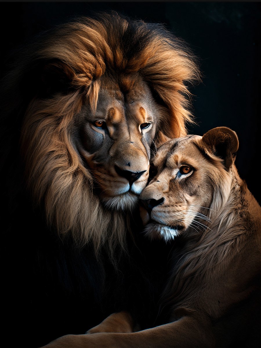 Kleurmedia Leeuwen Couple Poster - Foto Poster - Lion Art - Geschikt om in te lijsten - 61 x 91,5 cm (A1+)