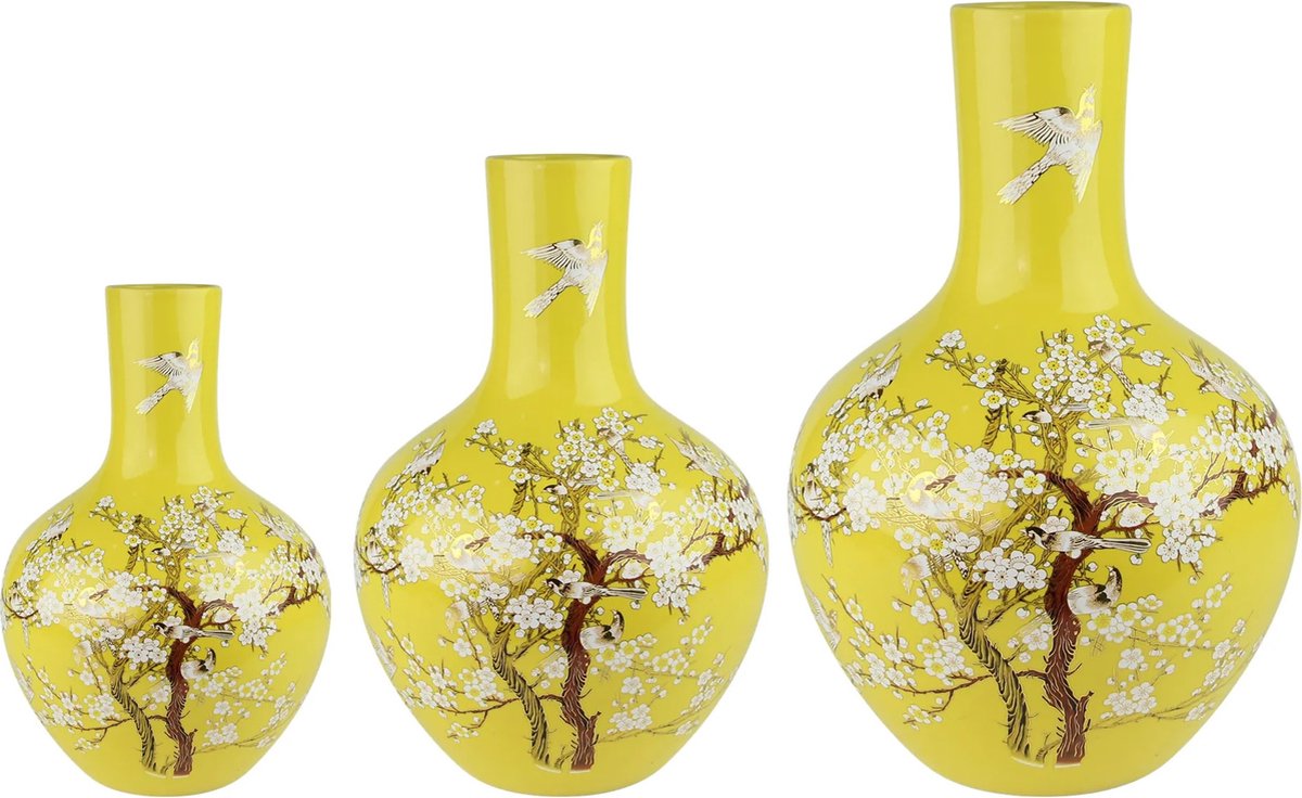 Fine Asianliving Chinese Vaas Geel Bloesems Handgemaakt D41xH57cm Geel, Multicolour, Goud