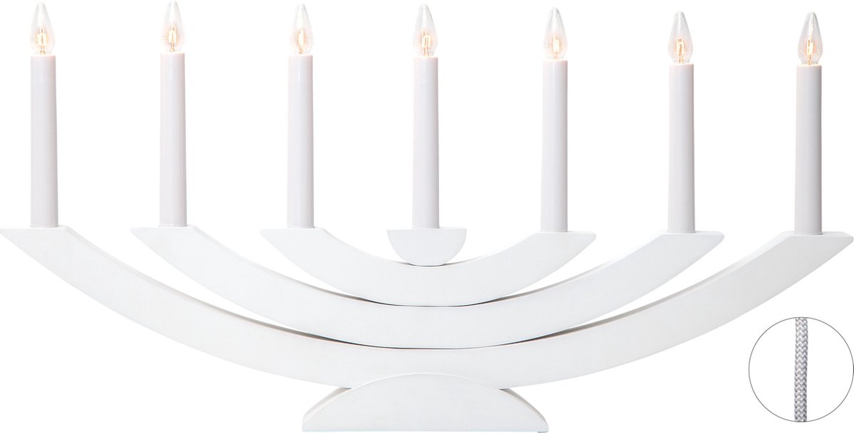 Star Trading raamkandelaar Nevida vanStar Trading, kandelaar met 7 lampen E10 warm wit, kerstversiering van hout in wit, kabelschakelaar, lengte: 37,5 cm
