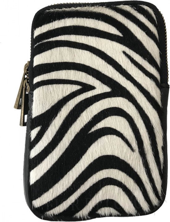 Leren telefoontasje met dierenprint - zebra - schoudertasje voor smartphone - zwart/offwhite - ritssluiting - STUDIO Ivana