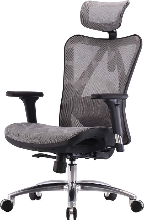 SIHOO bureaustoel bureaustoel, ergonomisch, verstelbare armleuning, 150kg belastbaar ~ grijze bekleding, zwart frame