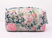 Bambooya make-up tas - Bohemian - Ibiza Style - Made in India - Tassel - Groen/blauw/roze bloemen - Small ( 17 x 12 x 7 cm )