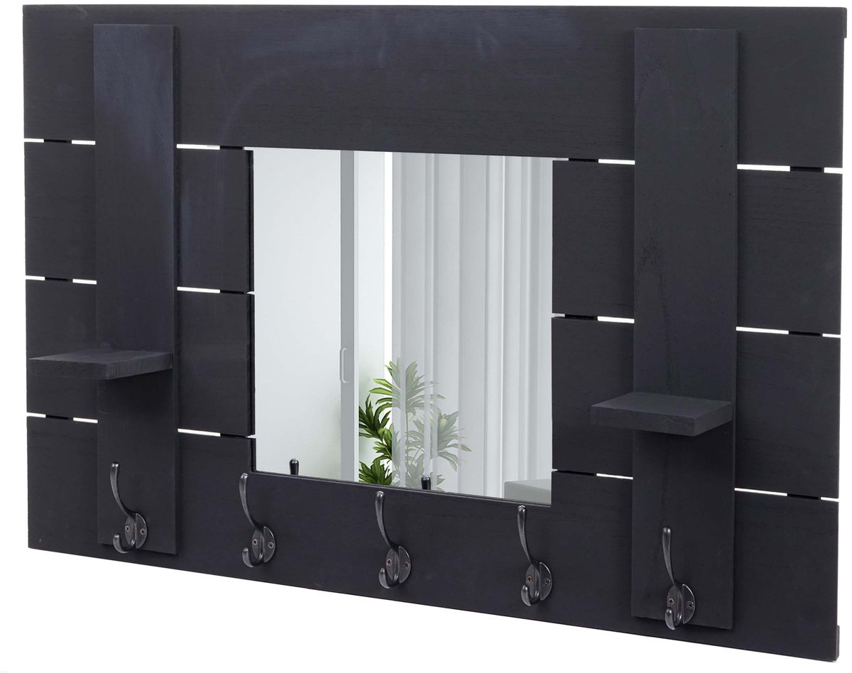 MCW Wandkapstok MCW-C89 met spiegel, kapstokpaneel, shabby-look vintage, 5 haken 90x60cm ~ donkergrijs, shabby