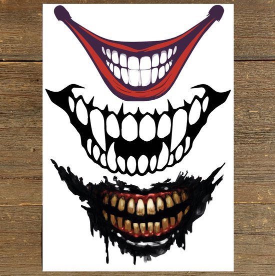 Drie ontwerpen van monden: een clown mond, een schedel mond met zwarte scherpe tanden, en een monsterlijke mond met druipende verf.