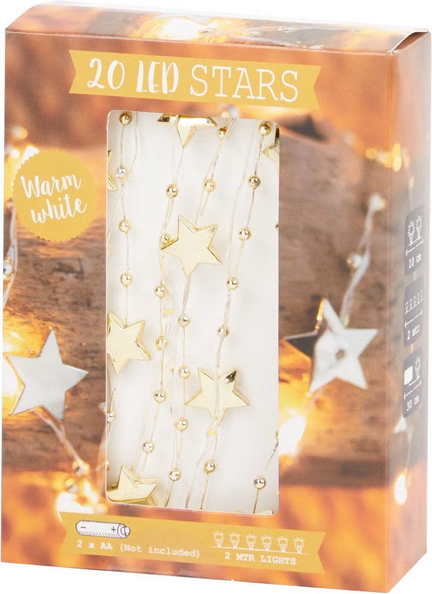 Lichtslinger 2 meter gouden sterren - 20 sterren - led