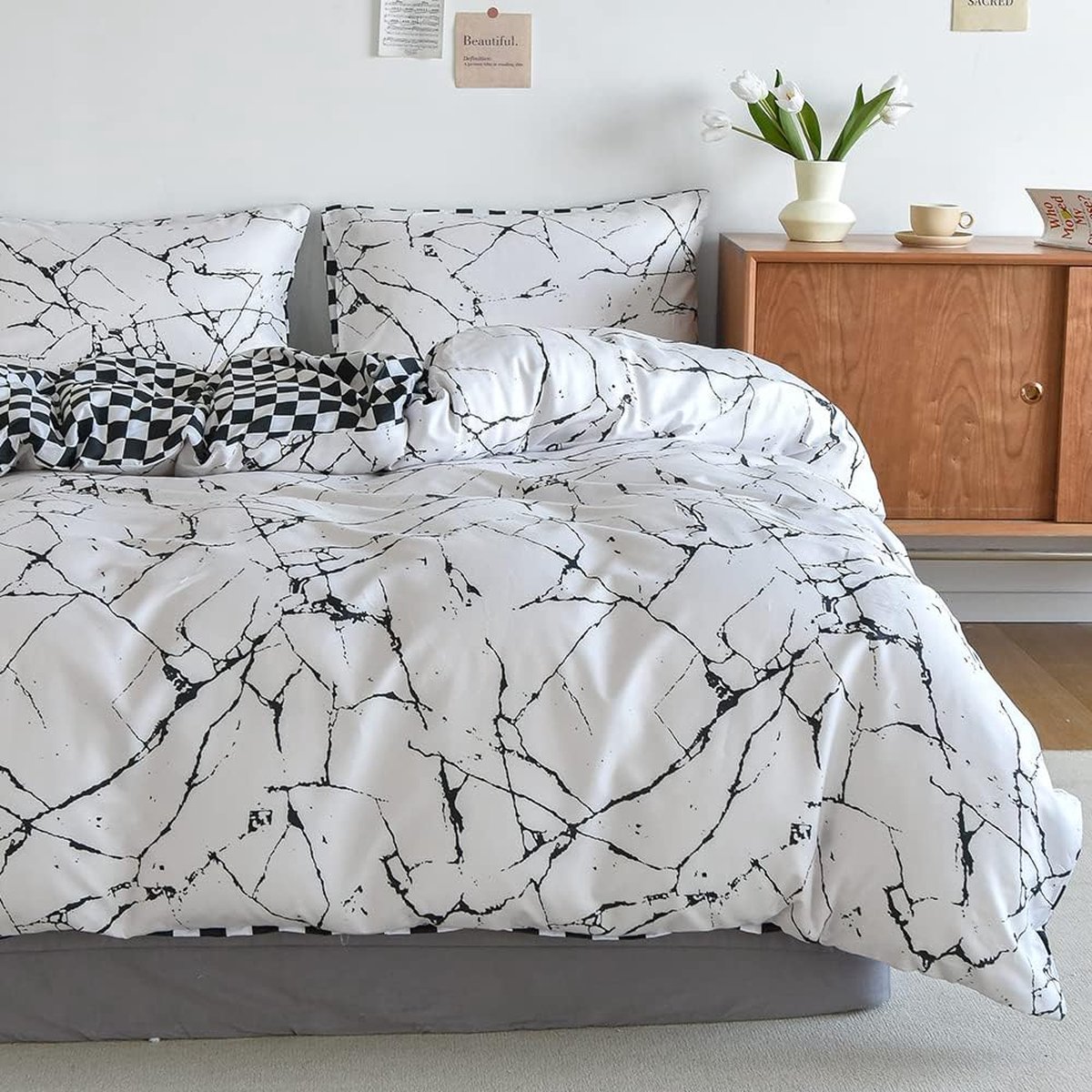 Parure de lit marbre 140x200 cm, blanc, noir, gris, parure de lit  réversible moderne