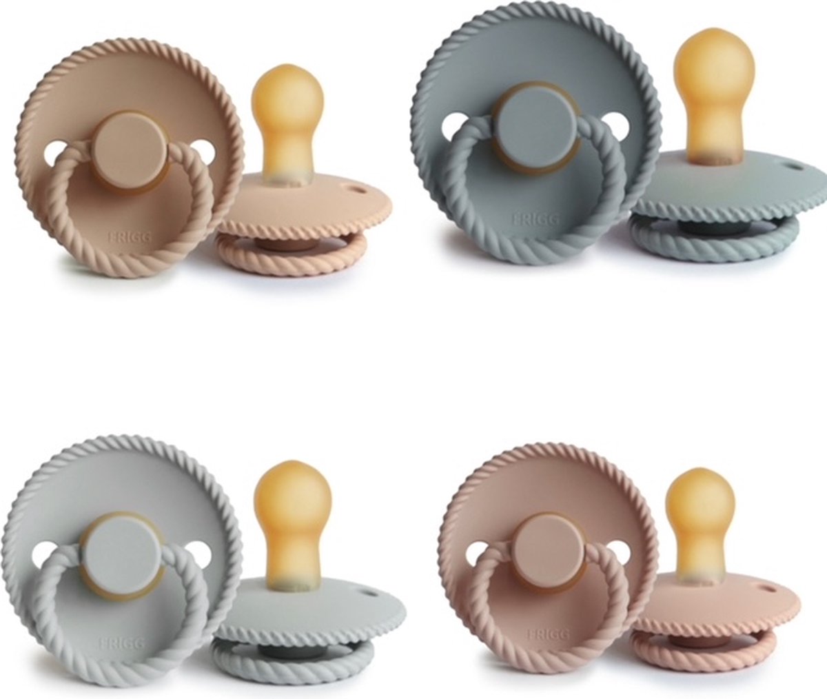 Goedkoopste FRIGG ROPE Fopspeen set 4 stuks French Gray,Silver Gray,Croissant en Blush 6-18 maand
