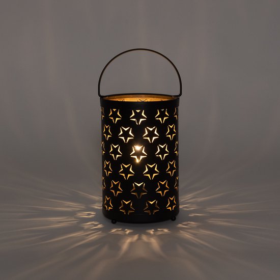 Anna Collection Led sfeer lantaarn - zwart met sterren - B12 x H19 cm
