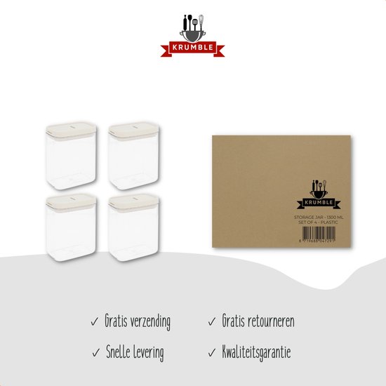 Bocaux de conservation Krumble - Set de 4 - 1300 ml - Conservation des Aliments - Bocaux de Conservation - Couvercle Hermétique - Boîtes de Bidons alimentaires - Boîte Fraîcheur - Passe au Lave-Vaisselle - Plastique - Transparent - Beige