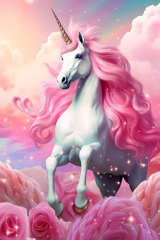 Roze Eenhoorn | Pink Unicorn Poster | Eenhoorn Poster | Kinderposter | Poster | Wanddecoratie | Muurposter | 61x91cm | Geschikt om in te lijsten