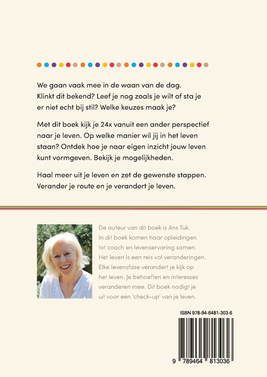 Achterkant boek met tekst over 'Verrijk je kijk' en een foto van auteur Ans Tuk. ISBN 978-94-6481-303-6.