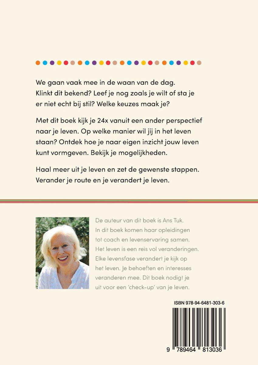 Achterkant boek met tekst over 'Verrijk je kijk' en een foto van auteur Ans Tuk. ISBN 978-94-6481-303-6.