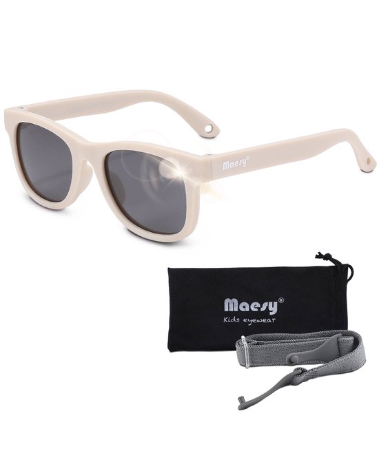 Maesy - baby zonnebril Indi - 0-2 jaar - flexibel buigbaar - verstelbaar elastiek - gepolariseerde UV400 bescherming - jongens en meisjes - babyzonnebril vierkant - beige ecru