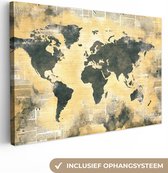 Canvas Wereldkaart - 60x40 - Wanddecoratie Wereldkaart - Gouden - Kranten