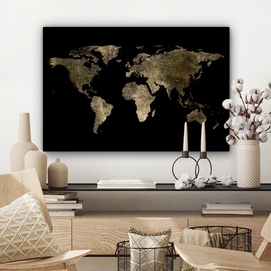 Carte du monde en or avec motif texturé sur fond noir 60x40 cm | bol