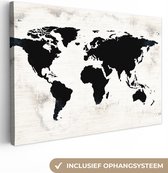 Canvas Wereldkaart - 180x120 - Wanddecoratie Wereldkaart - Zwart - Hout