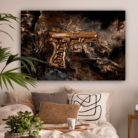 Canvas schilderij - Pistool goud 140x90 - Kamer decoratie accessoires abstract - Gouden schilderijen woonkamer - Luxe wanddecoratie slaapkamer - Muurdecoratie keuken - Wanddoek... - Afbeelding 3