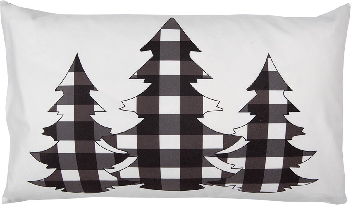 Clayre & Eef Kussenhoes 30x50 cm Wit Zwart Polyester Kerstbomen