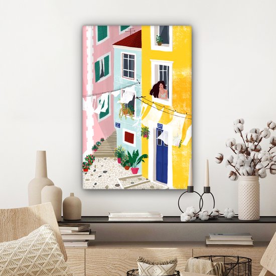 Tableau toile Rue - Wax - Jaune - Femme - 60x90 cm - Décoration murale