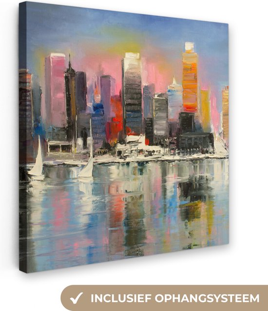 Canvas - Olieverf - Schilderij - Skyline - Boot - Water - Muurdecoratie - 90x90 cm - Wanddecoratie - schilderijen op canvas