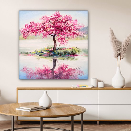 Toile - Arbre fleuri - Sakura - Peinture à l'huile - Water - Nature - 90x90 cm - Peintures sur toile - Toile canvas - Décoration murale