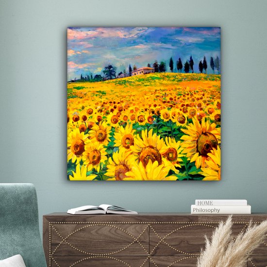Peinture sur toile - Tournesol - Fleurs - Peinture à l'huile - Nature - Peintures sur toile - 90x90 cm - Toile nature - Décoration murale