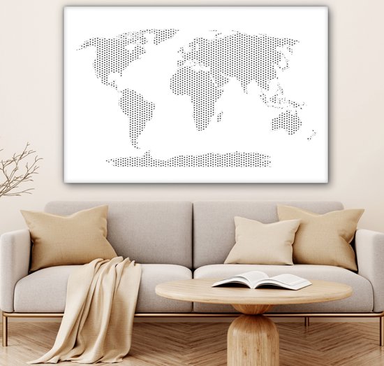 Wereldkaart croix et pluses toile noir / blanc grand 120x80 cm | Carte du monde peinture sur toile