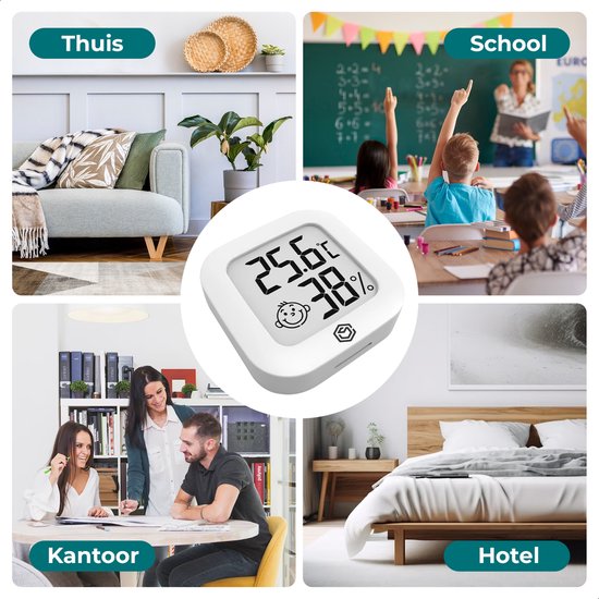 Compacte digitale thermometer en hygrometer met display, weergegeven in verschillende woonruimtes.