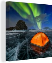 Tableau sur toile Aurores Boréales - Tente - Glace - Scandinavie - 90x90 cm - Décoration murale
