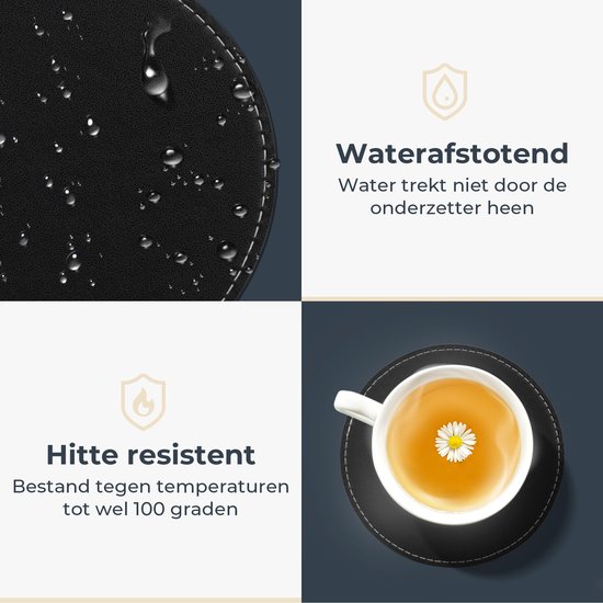 Castagnola Sous-verres de Verre en Similicuir avec Support - Sous-verres pour Verres - Sous-verres Design - Ensemble de Dessous de Verre - Sous-verres de Verre - Similicuir - Sous-verres en Cuir - Set de 6 - Zwart avec Coutures