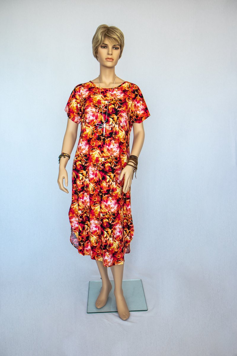 Oranje rood gebloemde jurk met rug bandjes - XL/42