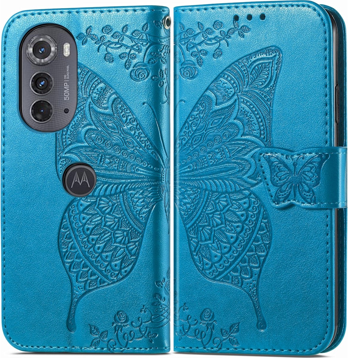 Mobigear Telefoonhoesje geschikt voor Motorola Edge (2022) Hoesje | Mobigear Butterfly Bookcase Portemonnee | Pasjeshouder voor 3 Pasjes | Telefoonhoesje voor Pinpas / OV Kaart / Rijbewijs - Blauw