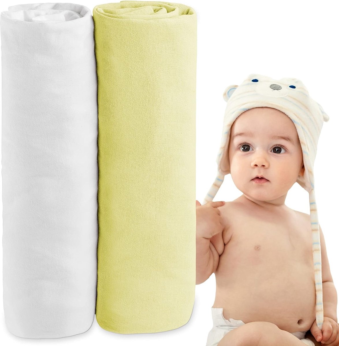 Set van 2 Jersey Katoenen Hoeslakens - Voor Matras Set de 2 (70 x 140 x 12 cm), voor Babybed, Gecertificeerd Vrij van Chemische Producten (OEKO TEX), Wit en Groen, Hoeslakens met Elastiek