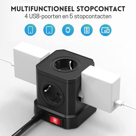 Multiprise élégante 4 Prises + 3 USB – Protection Surtension 1050J – Noir, Jsver