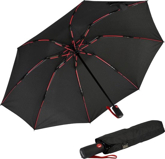 Omgekeerd geopende glasvezel zakparaplu met gekleurde spaken, zwart-rood, Zakparaplu XXL