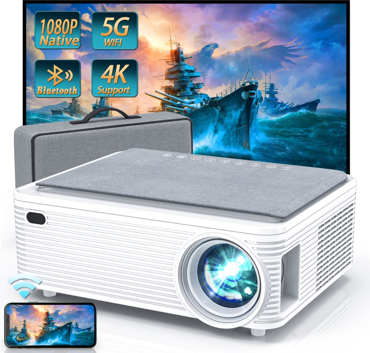 Forexa Beamer met 100 Inch Screen – 1080P Full HD – 4K Support – 9500 Lumen – Streamen vanaf je Smartphone – Geschikt voor iOS en Android telefoons / PC’s en Laptops / Tablets / Game consoles – Home Cinema – Inclusief HDMI-kabel en Handige Draagtas