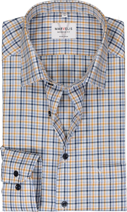 MARVELIS modern fit overhemd - mouwlengte 7 - twill - blauw - geel en wit geruit - Strijkvrij - Boordmaat: 41