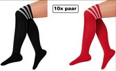 10x Paar Lange sokken rood en zwart met strepen - maat 36-41 - Lieskousen - kniekousen sportsokken cheerleader carnaval voetbal hockey unisex festival