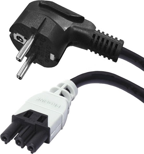 Cordon d'alimentation noir avec une fiche européenne coudée et un connecteur C5 blanc avec 'PROLINK'.