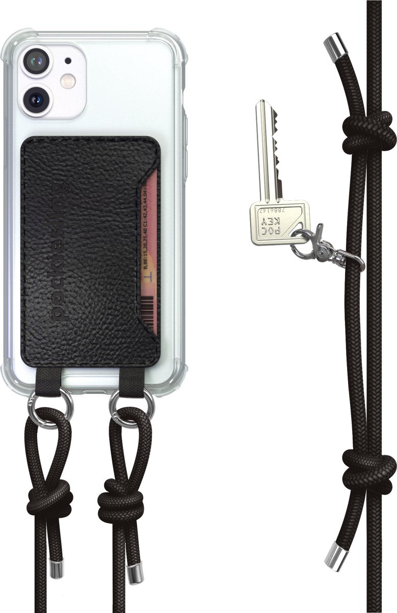 Pockiesling Iphone 12 Mini Hoesje met Koord - Telefoonhoesje met Telefoonkoord en Pasjeshouder - Zwart