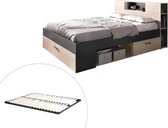 Bed met hoofdeinde met opbergruimte en lades - 160 x 200 cm - Kleur: naturel en antraciet + bedbodem - LEANDRE L 228.5 cm x H 95 cm x D 169.5 cm