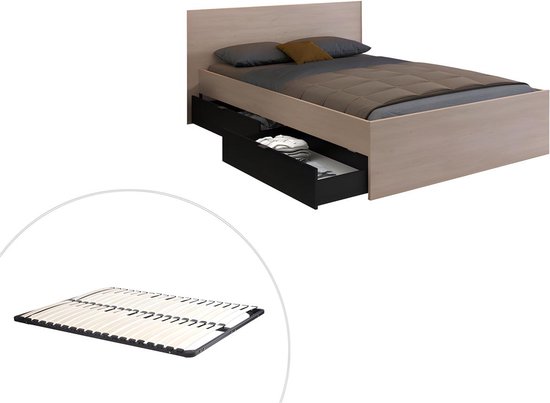 Bed met 2 lades - 140 x 190 cm - Kleuren: Houtlook en zwart + bedbodem - VELONA L 164.4 cm x H 82.6 cm x D 193.6 cm
