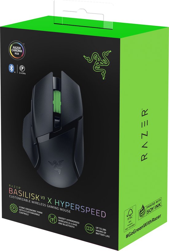 Verpakking van Razer Basilisk V3 X Hyperspeed muis met afbeelding van muis en productdetails.